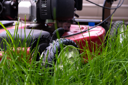 This picture shows a lawnmower cutting grass, which is a helpful way to regularly manage pests in your yard