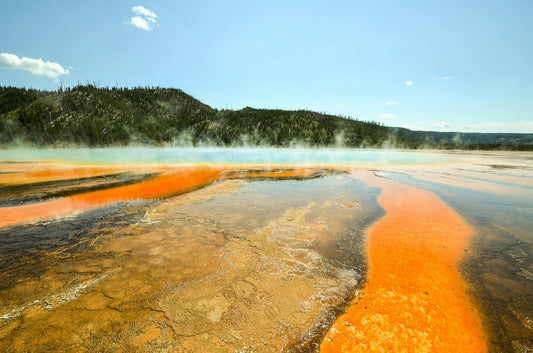 This picture shows one of the many tourist sites at Yellowstone national park. The picture itself shows a large hot spring, surrounded by a long stretch of volcanic water.   