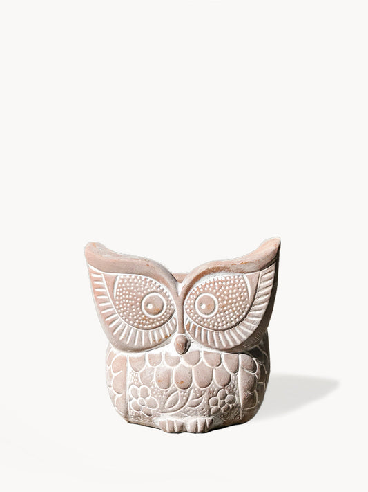 Terracotta Plant Pot (Owl Theme) - 5" Round, Handmade, Includes Drainage Hole