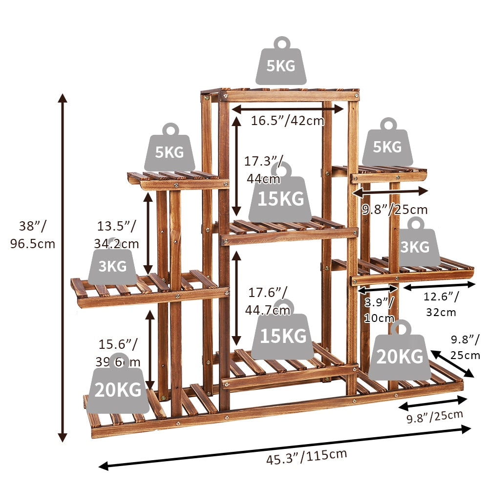 Plant Stand with 9 Platforms - 38" H, Pine Wood