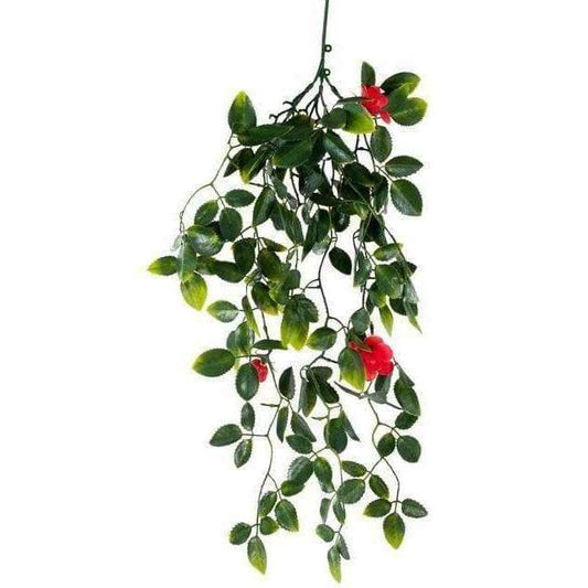 an artificial hanging plant with several flowers