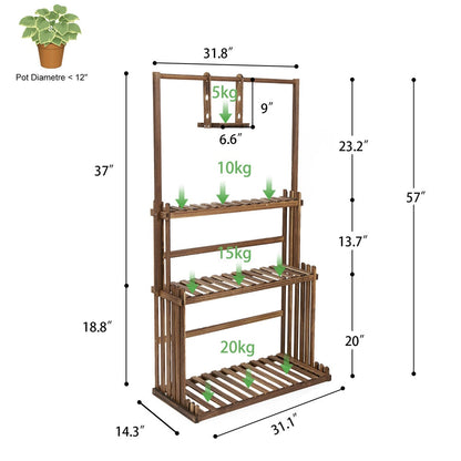 Wooden Plant Stand with 3 Platforms - Comes with a Hanging Bar