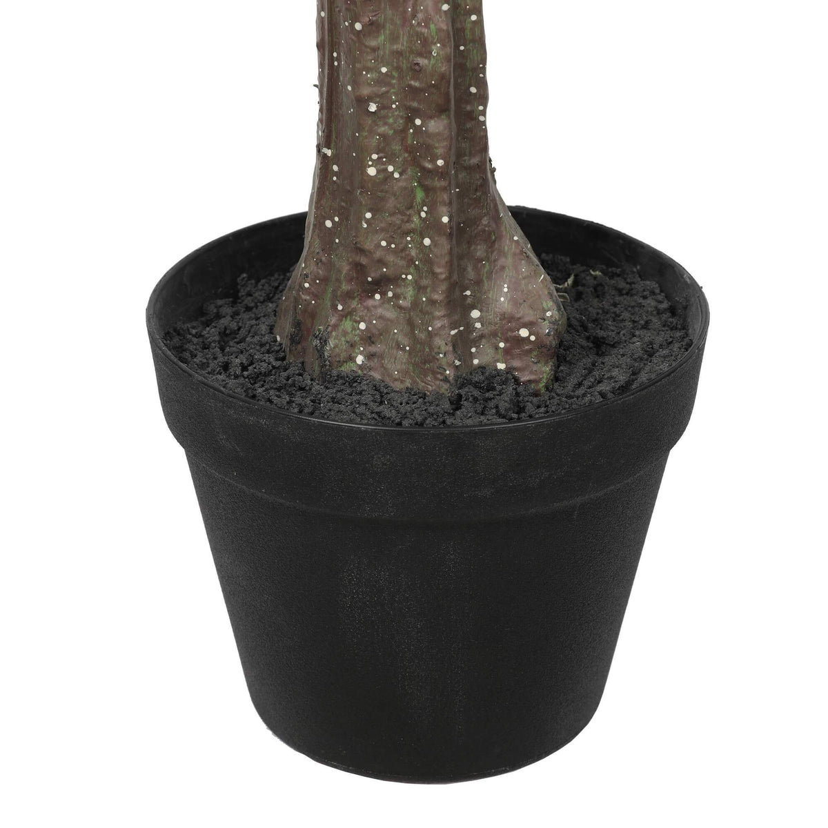 a close up on the pot of the artificial tree