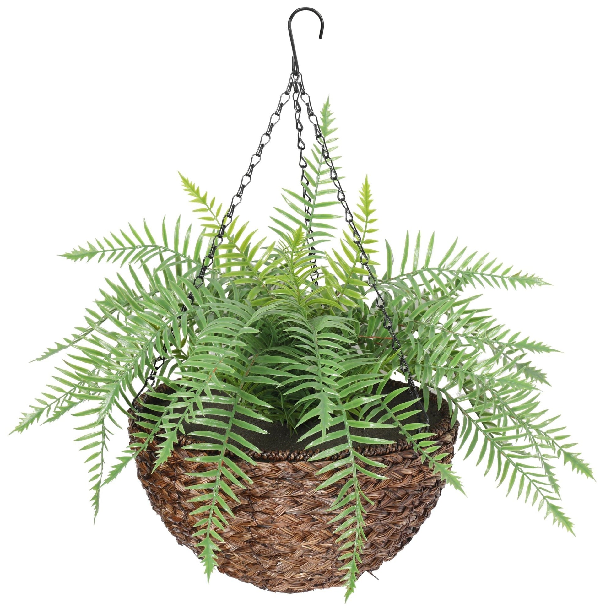 a hanging artificial fern in a basket