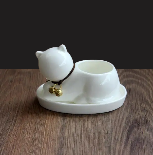 Desk Planter (Cat Theme) - for Succulents and Small Plants, Ceramic, Saucer Included