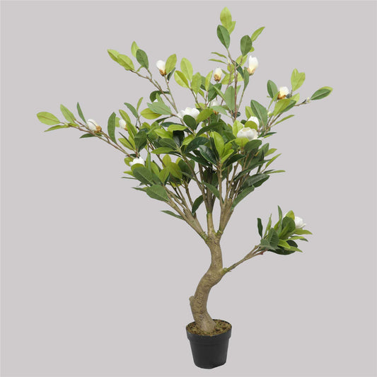 Artificial Magnolia Tree - 4.3 ft Tall, Pot Included, White Petals