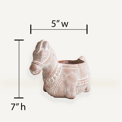 Terracotta Plant Pot (Horse Theme) - 5" W x 7" H, Handmade, Indoor Use